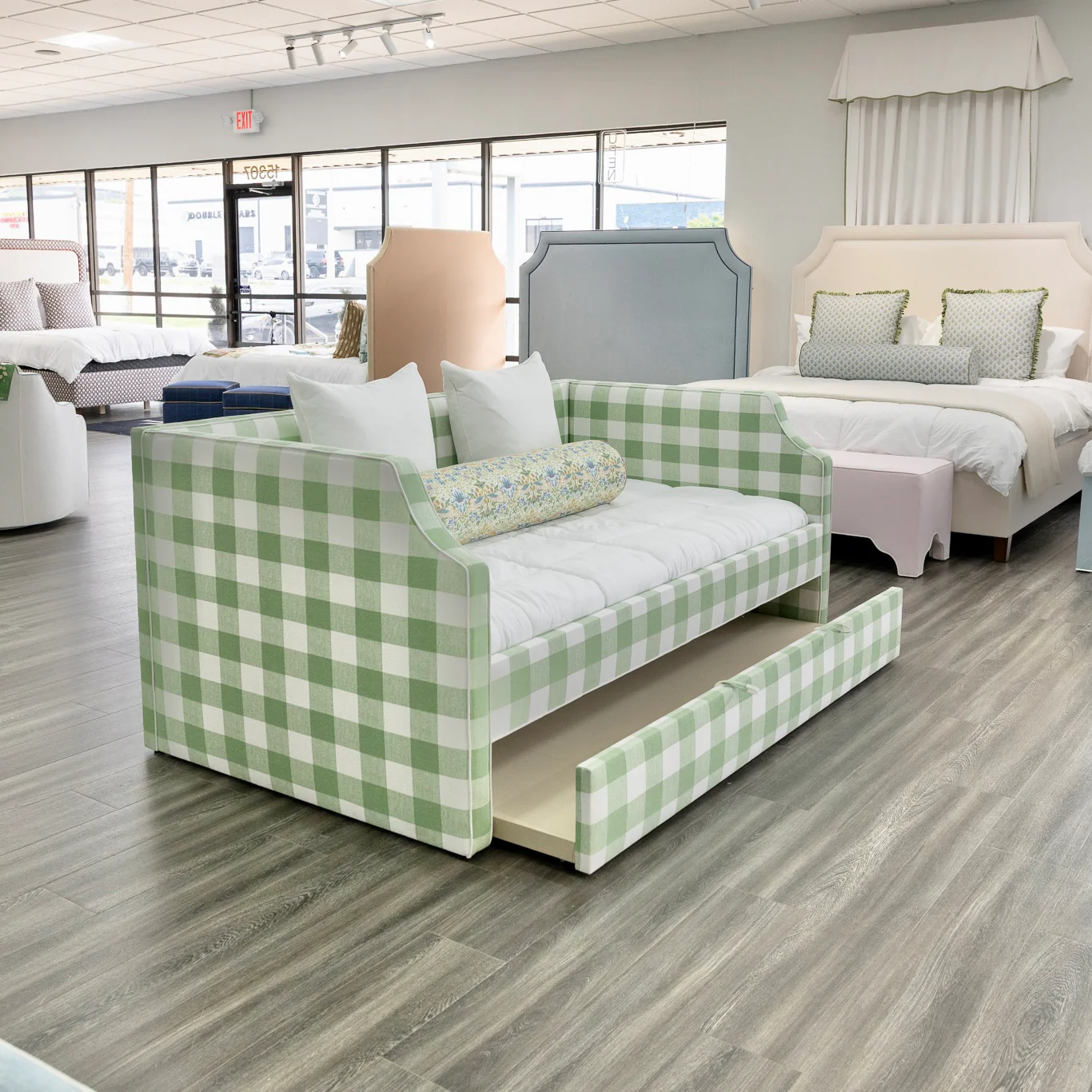 Twin Trundle Daybed - Sage Green Checkered Fabric with White Trim - Image 5