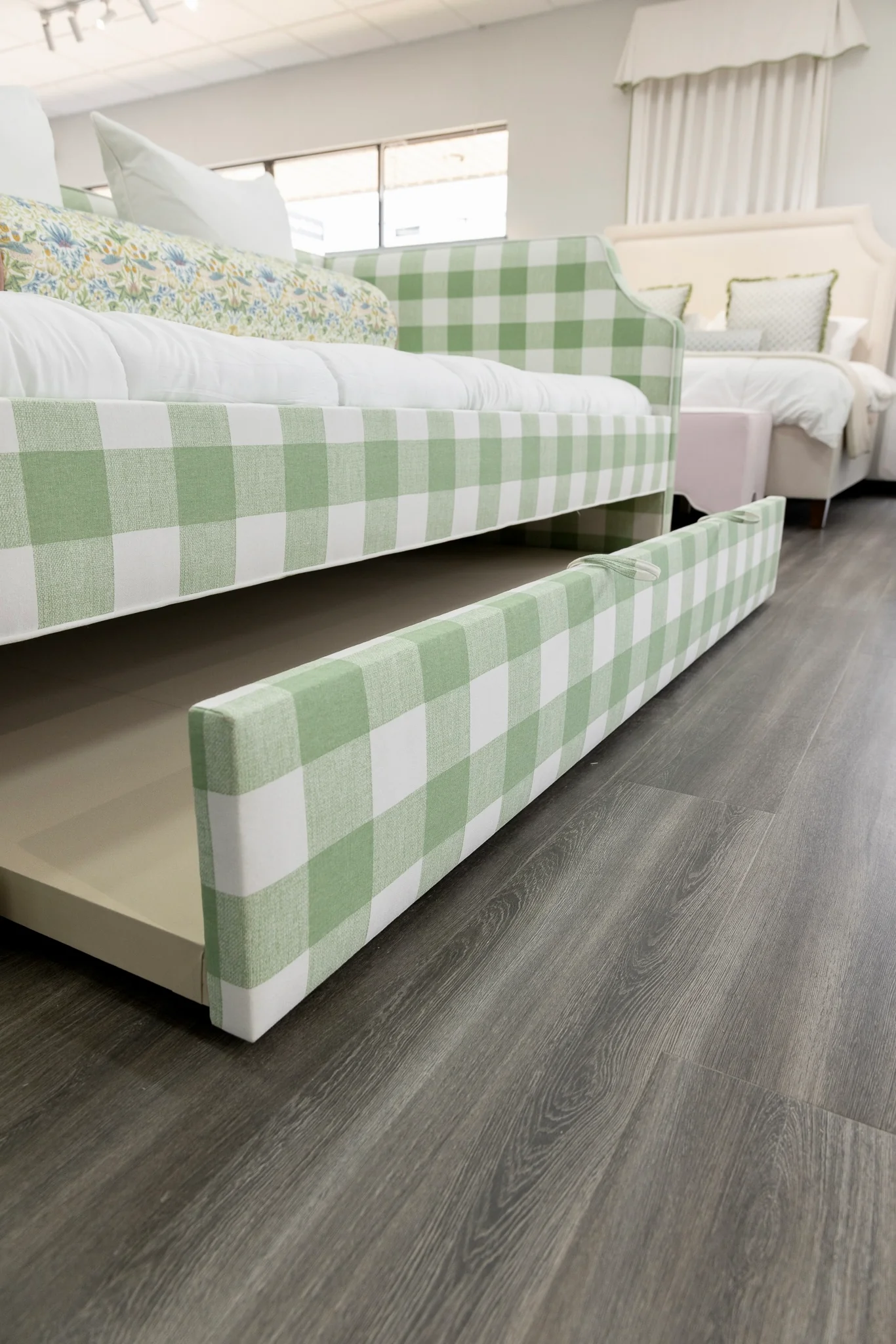 Twin Trundle Daybed - Sage Green Checkered Fabric with White Trim - Image 8