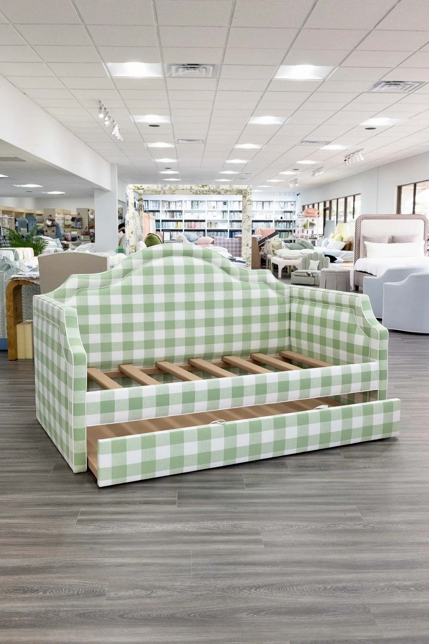 Twin Trundle Daybed - Sage Green Checkered Fabric with White Trim - Image 7