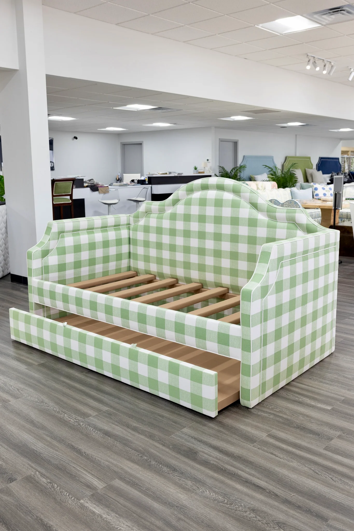 Twin Trundle Daybed - Sage Green Checkered Fabric with White Trim - Image 8