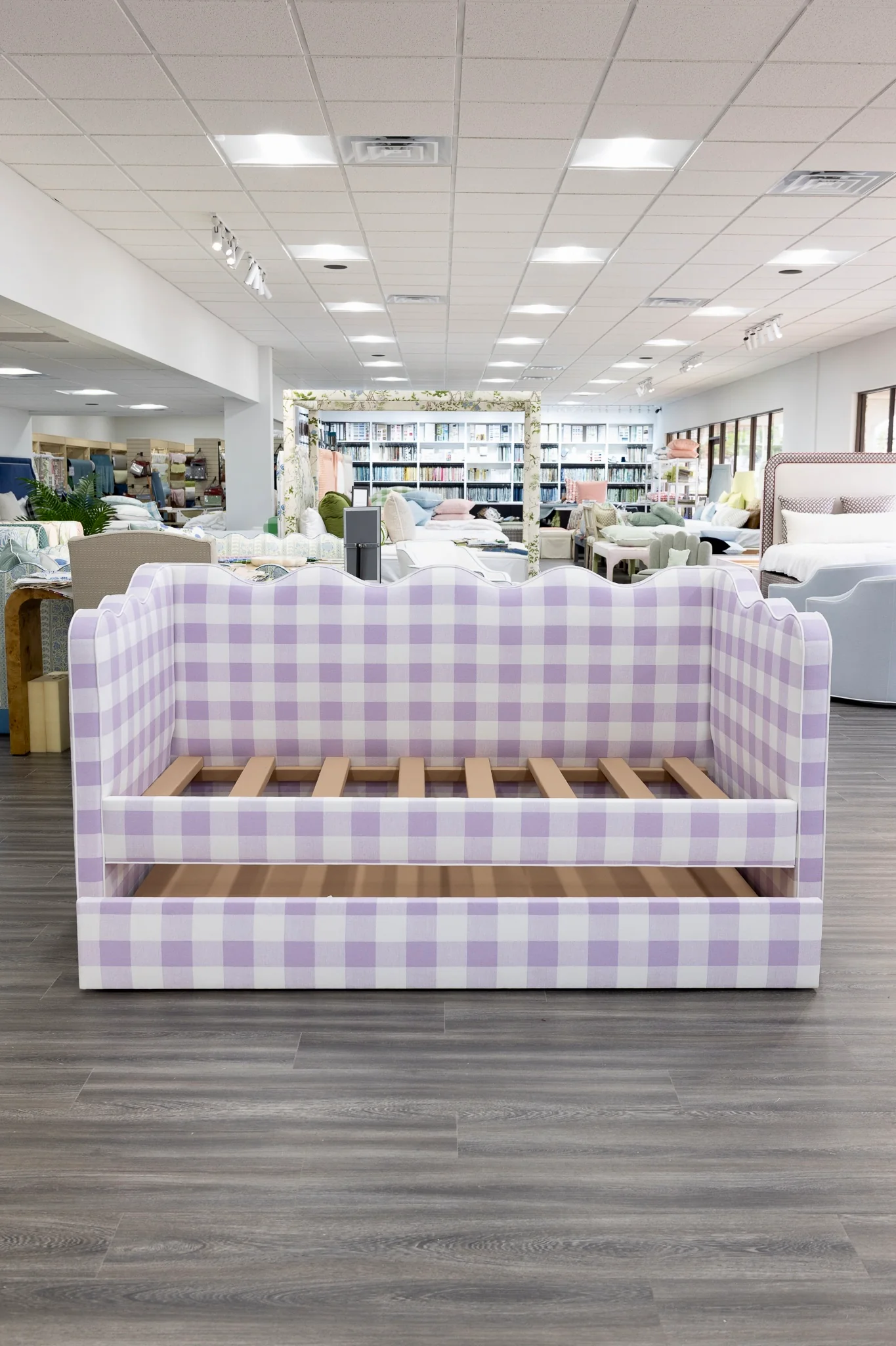 Twin Trundle Daybed - Scalloped - Buffalo Orchid Checkered Fabric with White Trim - Image 7