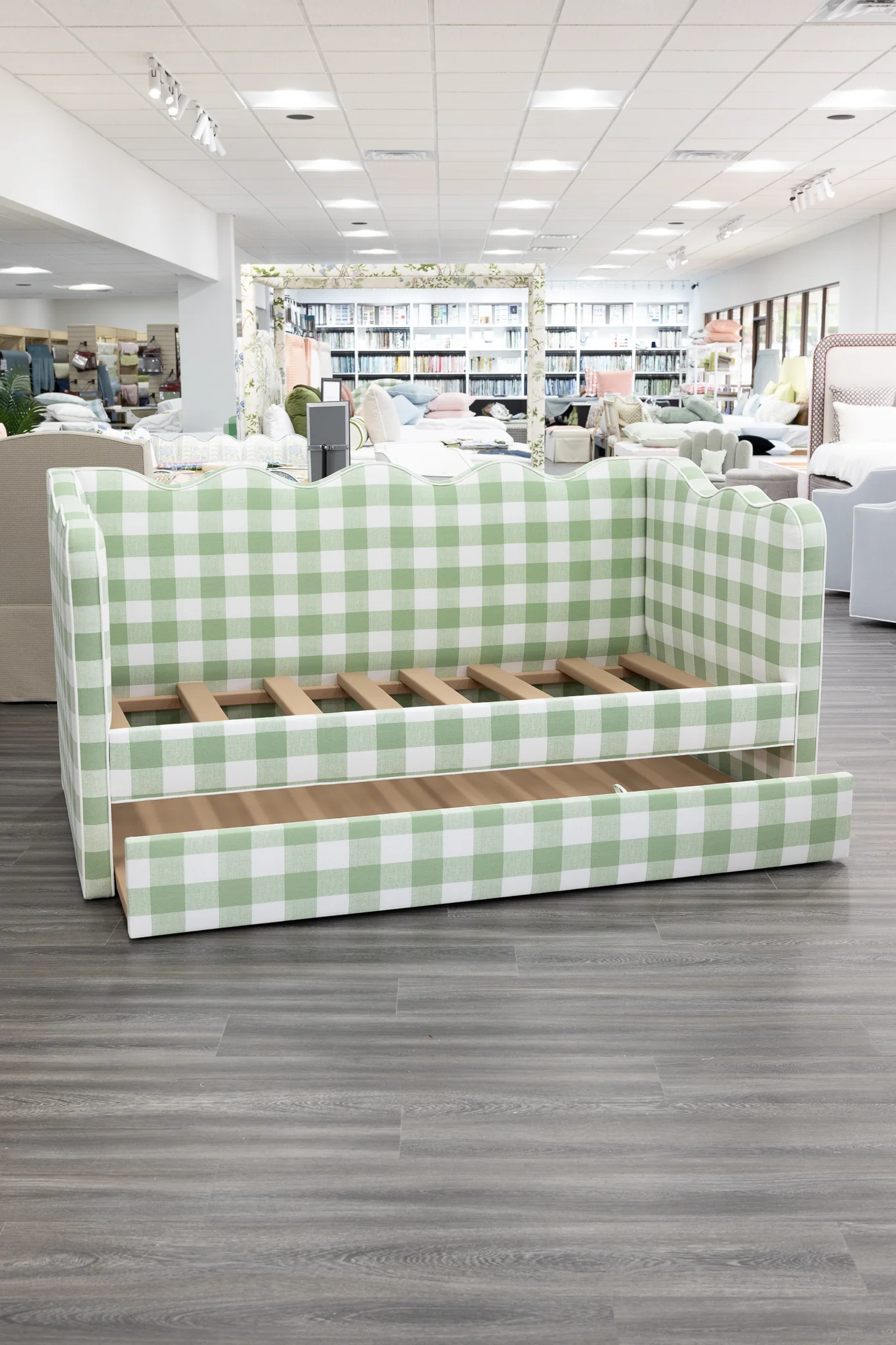 Twin Trundle Daybed - Scalloped - Buffalo Sage Green Checkered Fabric with White Trim - Image 8