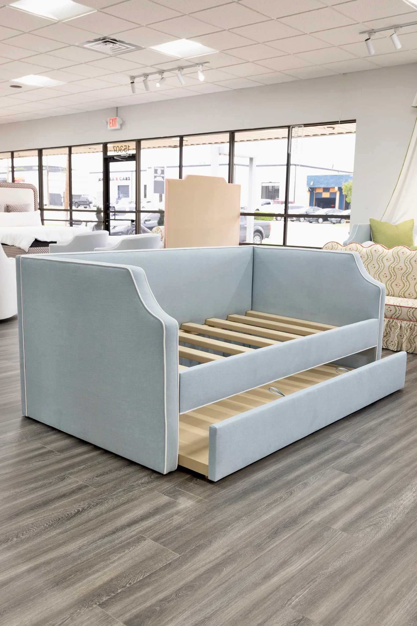 Twin Trundle Daybed - Sky Blue Woven Fabric with White Trim - Image 5