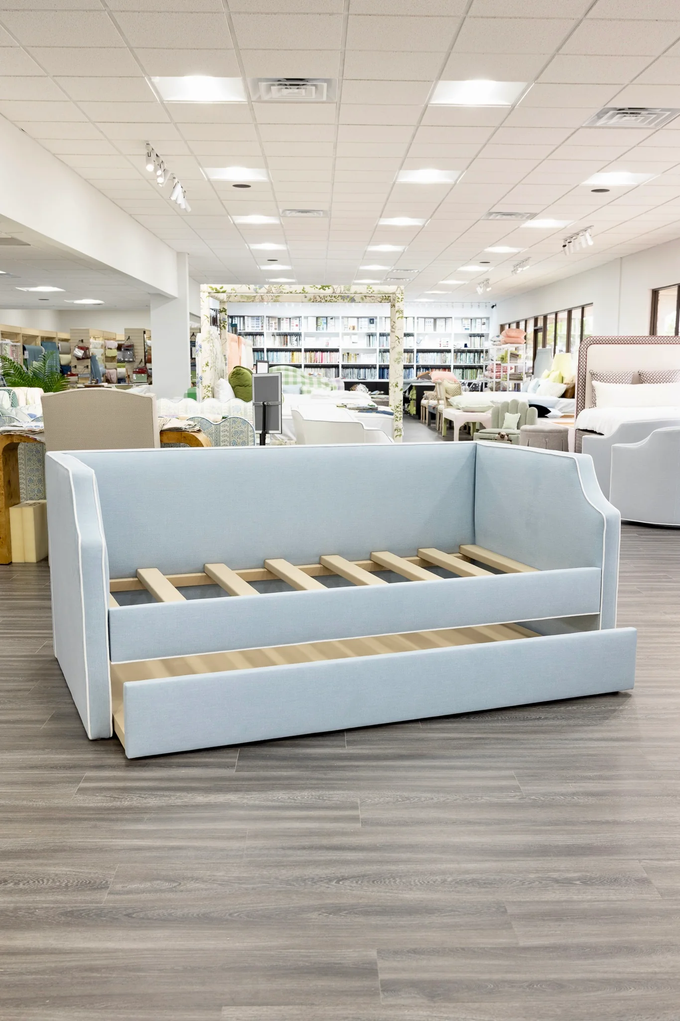 Twin Trundle Daybed - Sky Blue Woven Fabric with White Trim - Image 6
