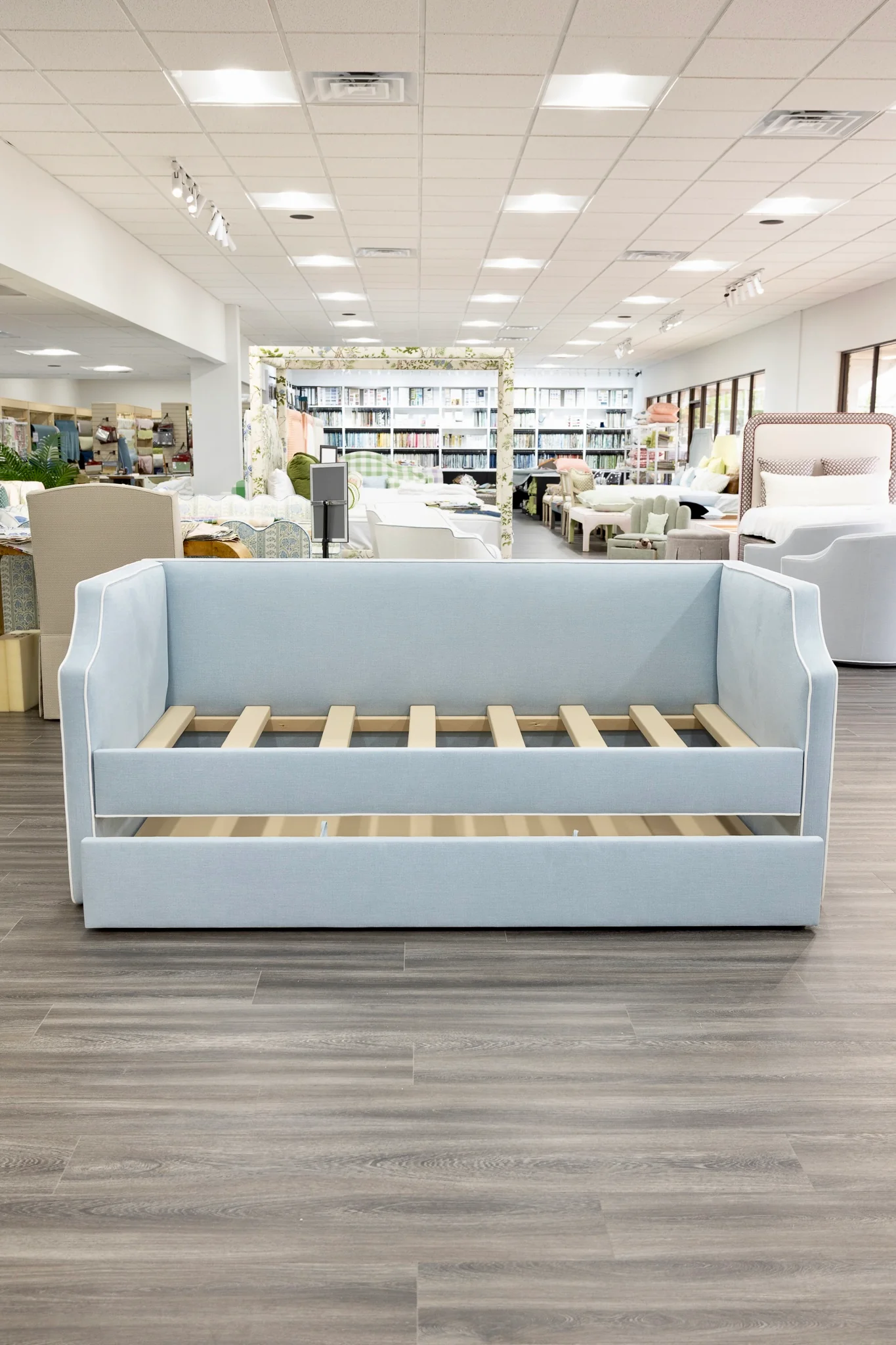 Twin Trundle Daybed - Sky Blue Woven Fabric with White Trim - Image 7