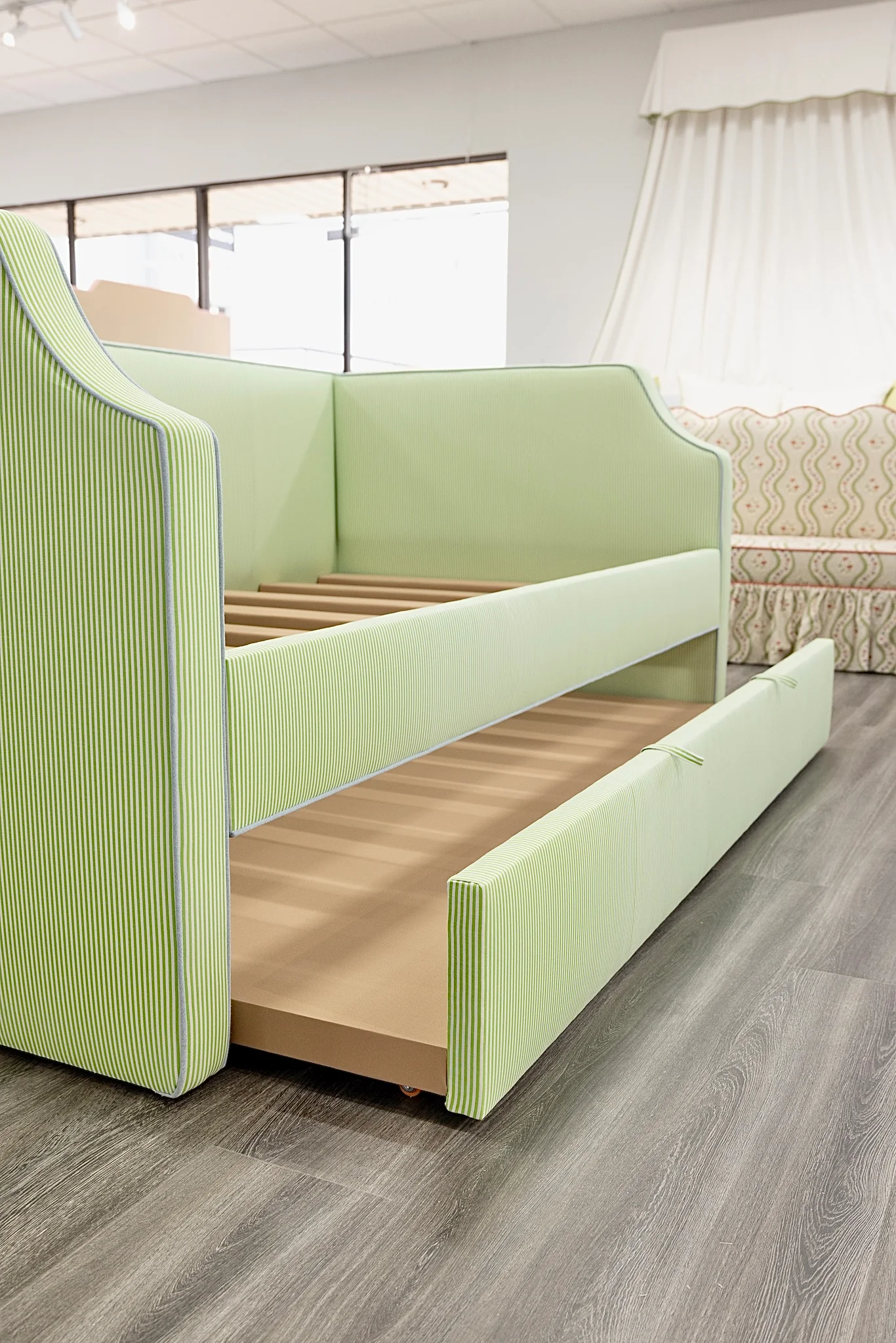 Twin Trundle Daybed - Striped Green Fabric - Sky Blue Trim - Image 3
