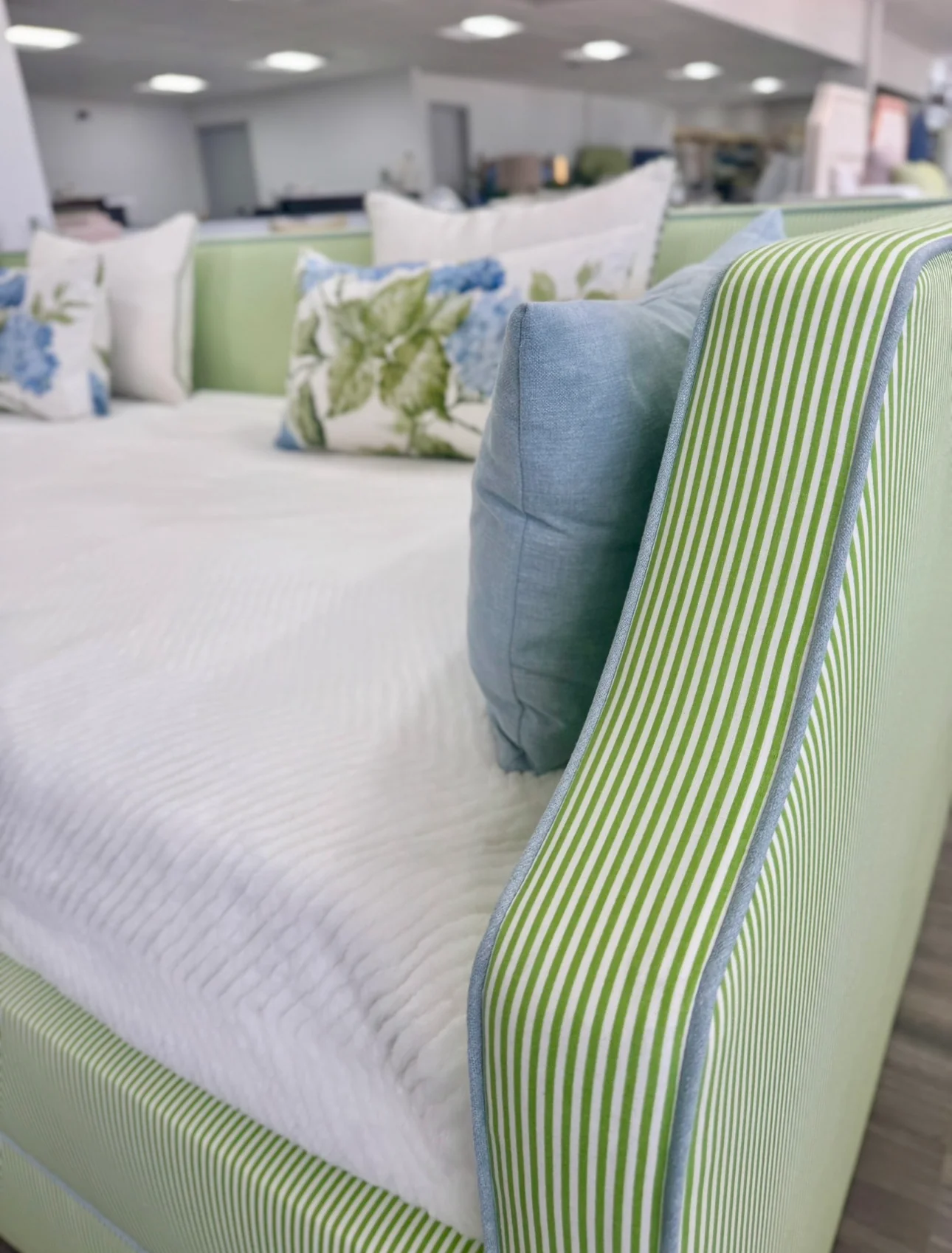 Twin Trundle Daybed - Striped Green Fabric - Sky Blue Trim - Image 4