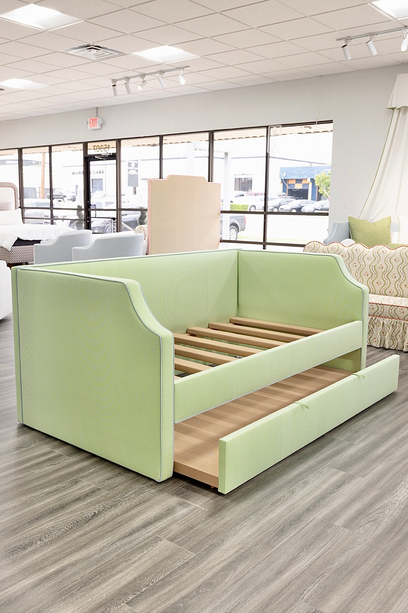 Twin Trundle Daybed - Striped Green Fabric - Sky Blue Trim - Image 5