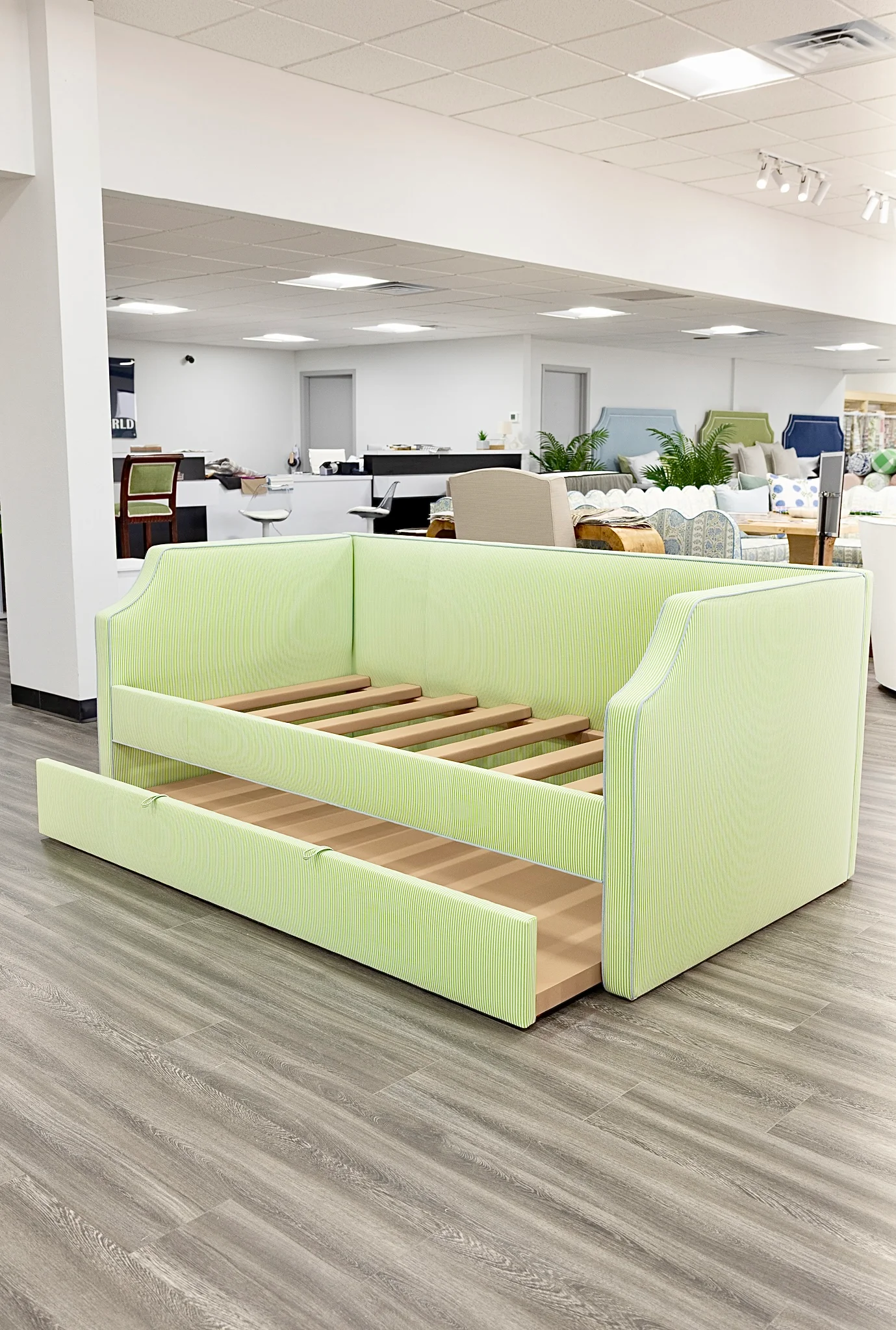 Twin Trundle Daybed - Striped Green Fabric - Sky Blue Trim - Image 8