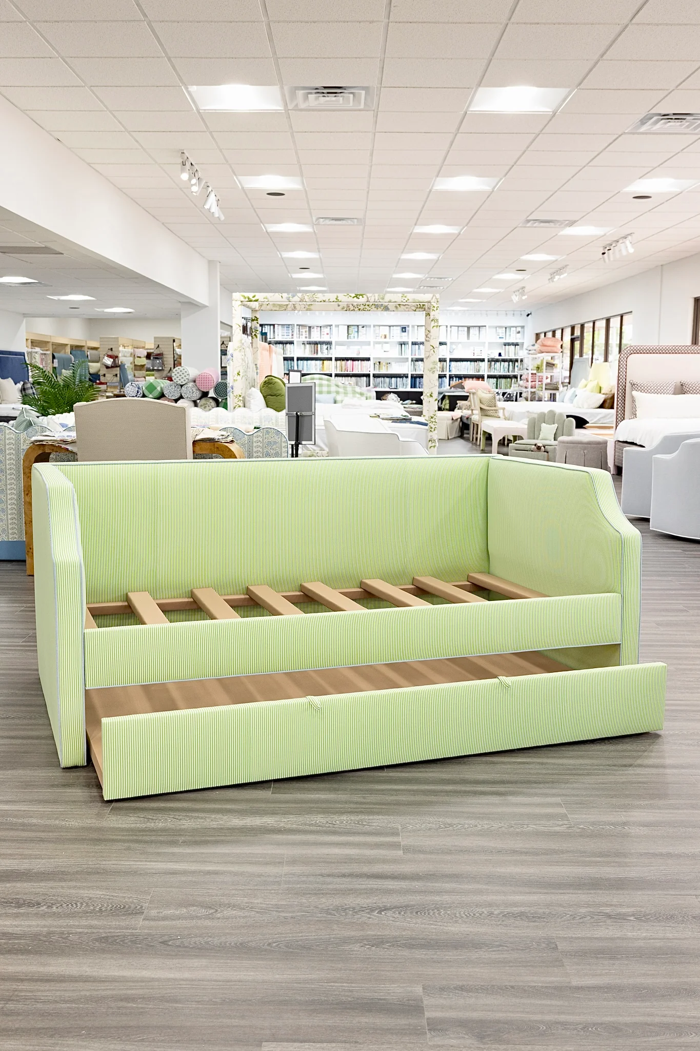Twin Trundle Daybed - Striped Green Fabric - Sky Blue Trim - Image 9